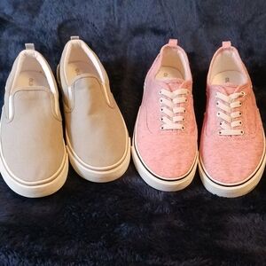 Slip in canvas sneakers by Old Navy, one in grey the other in pink, size 4.